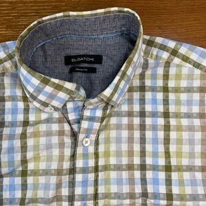 Bugatchi Casual LS Shirt Men's L Blue Green Checkered Classic Fit Preppy College